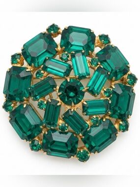 Vintage Weiss Emerald Green Rhinestone Brooch Mid Century Statement Jewelry
